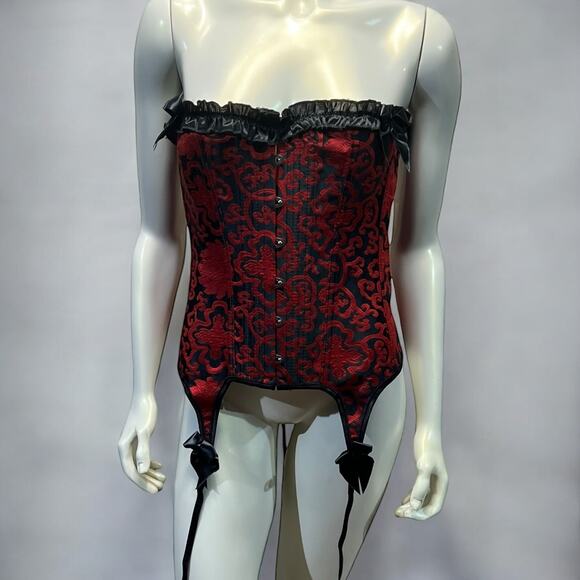 Red & Black Brocade Corset with Garter Straps - Gothic Burlesque Style - Size XL - Picture 1 of 10